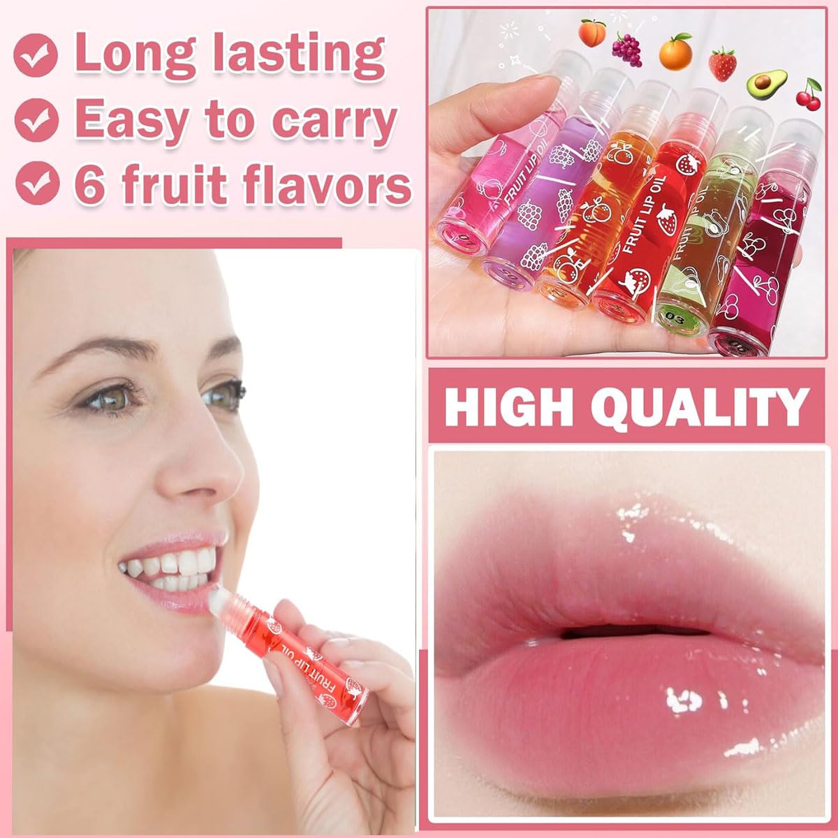 Baorder 6Pcs Roll-On Lip Gloss Set,Fruit Flavored Roll On Rollerball Lip Oil,Transparent Plumping Lip Gloss for Teens and Kids,Non Toxic Lip-Makeup Set