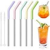 5 Pcs Short Metal Straws with Silicone Tip, 8.5&rdquo; Reusable Drinking Straw | Fits 8-16 oz Cups Mugs, 6&rdquo; x 8 mm Reusable Stainless Steel Straws with Colorful Silicone Tip &amp; 2 Cleaning Brush (Colors - A)