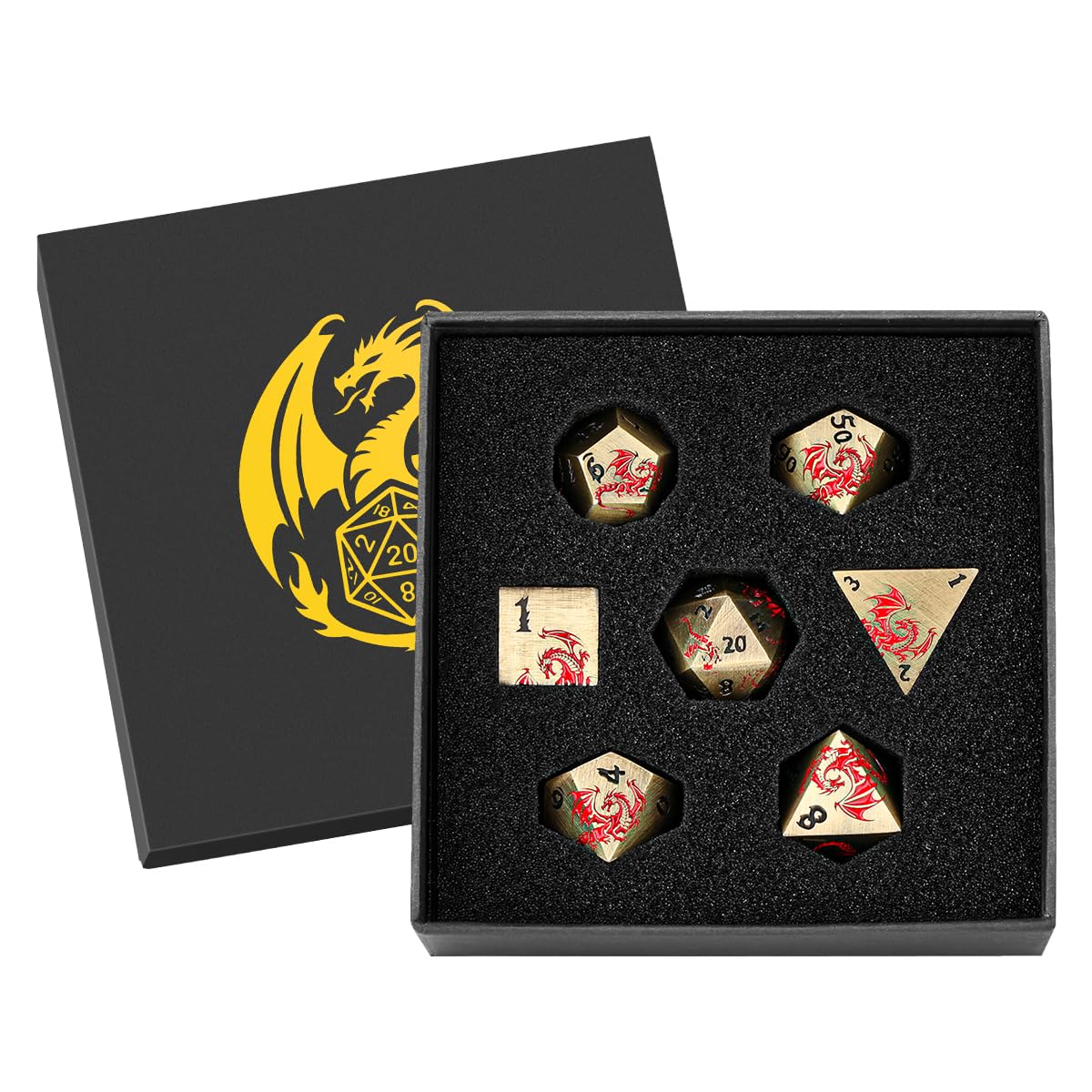 Metal Dice Set, Flat Face Design Dragon Pattern, 7pcs Polyhedral Metal DND Dice Set, DND Starter Set, D&D Gifts with Gift Box, Role Playing Board Games Accessories, Bronze