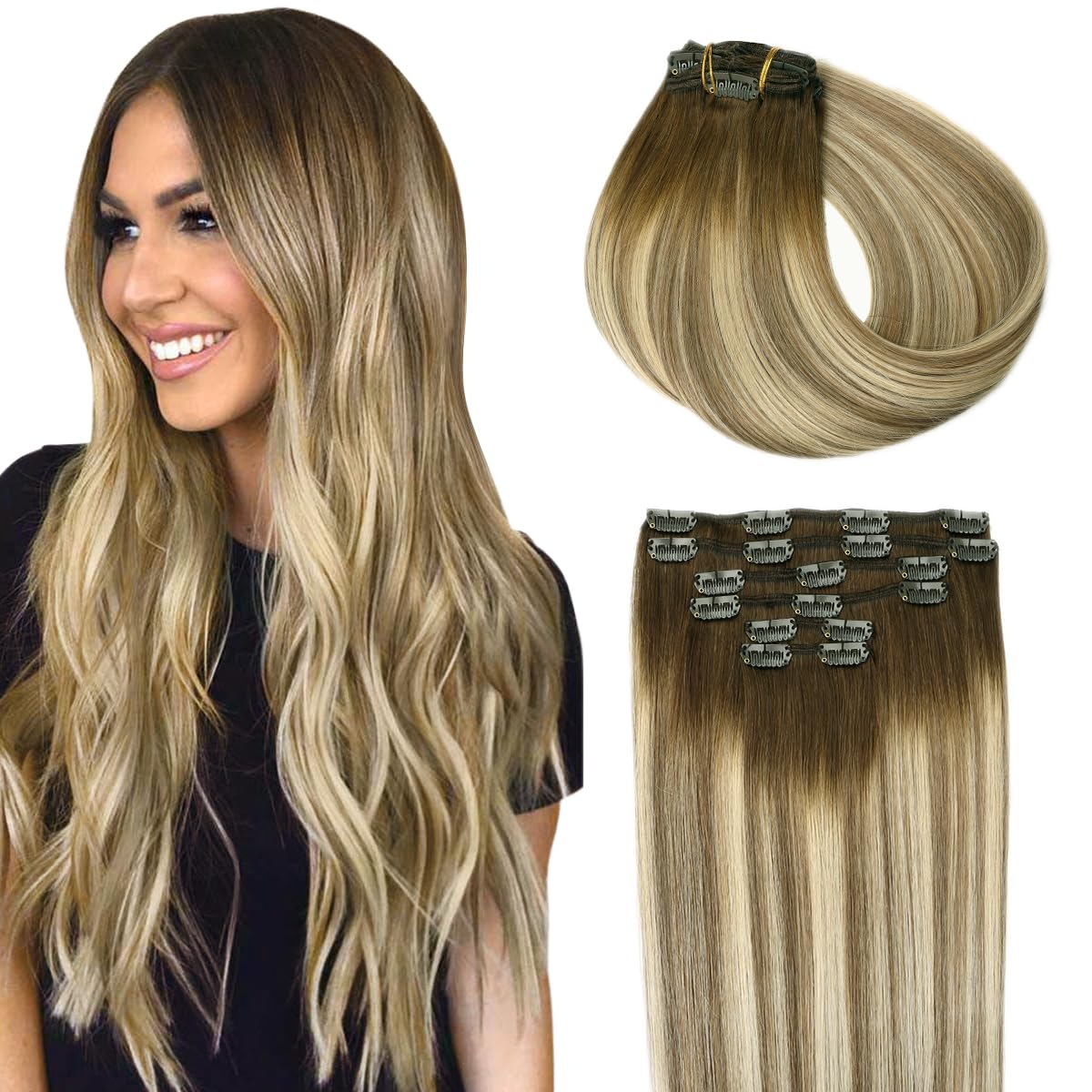 SURNEL Hair Extensions Clip in Human Hair Balayage Color 3 Fading to 8 Ash Brown Highlight 22 Medium Blonde Clip in Straight Human Hair 6pcs 100 Gram 14 inch Double Weft (C#3/8/22, 14'') — image 1