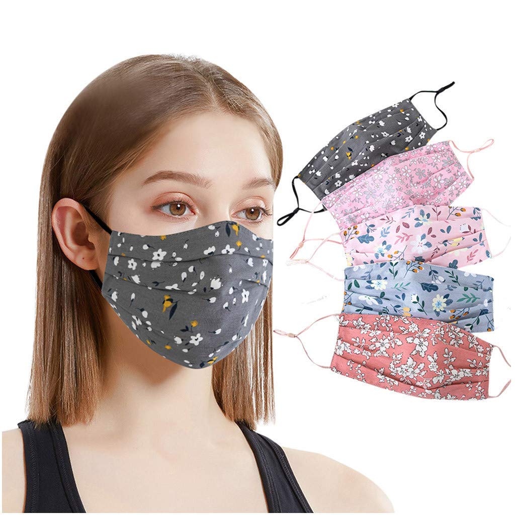 5PCS Women Cute Face_Cloth_Mask Protection Bandanas Adult Girls With Design Floral Print Adjustable Earloops Cotton Fabric Washable Reusable Skin Care Comfortable Breathable Outdoor Sports (5PC-A)