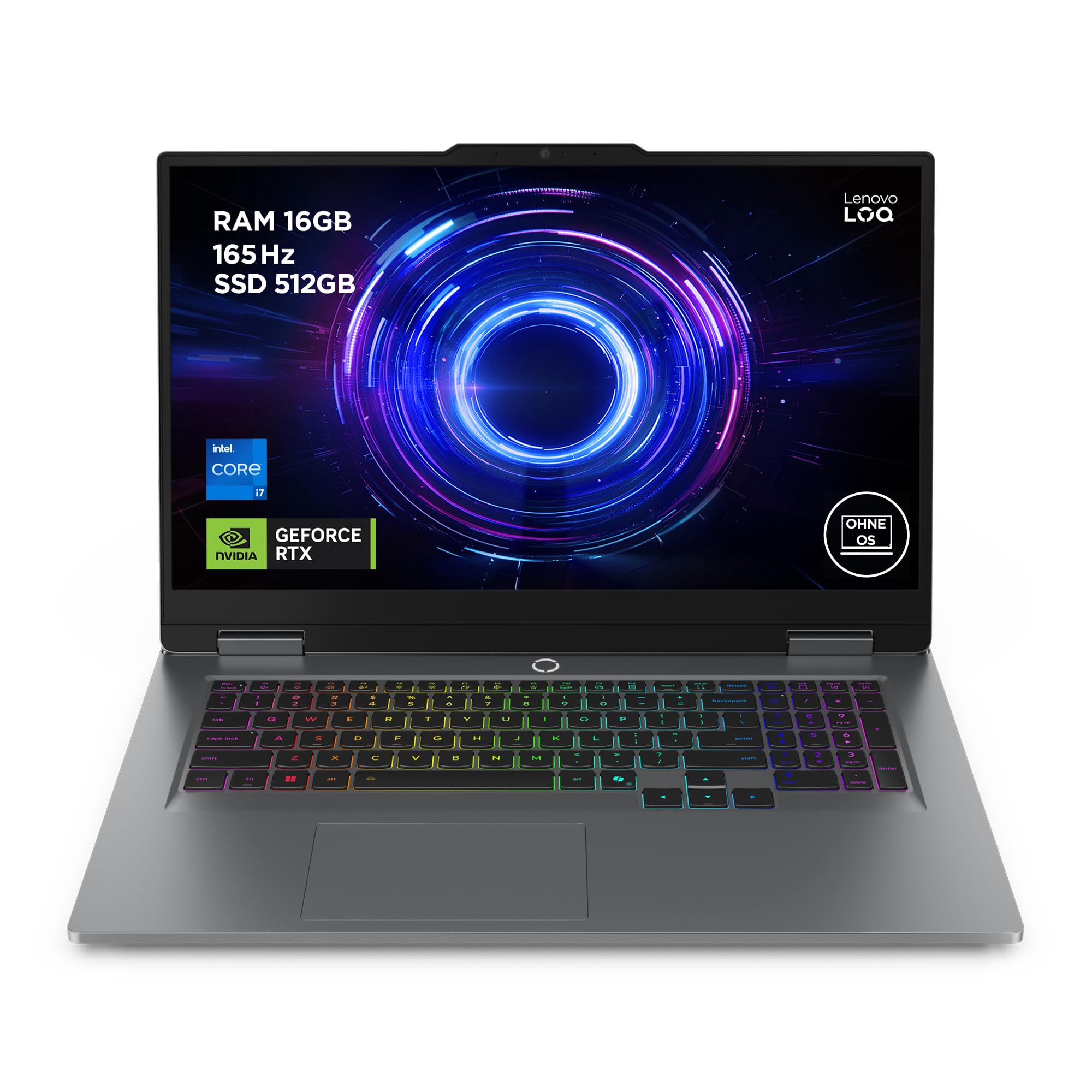 Lenovo LOQ Gaming AI Laptop | 17.3" Full HD 165Hz | NVIDIA GeForce RTX 5070 | Intel Core i7-14700HX | 16GB RAM | 512GB SSD | Ohne Windows | QWERTZ | 24-Zonen-RGB-Tastatur | Grau | 3 Monate Game Pass