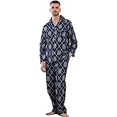 Vulcanodon Men 100% Cotton Pajama Set, Soft Warm Button Down Pajama Sets for Men Comfy Plaid Fun Prints Lounge With Pockets