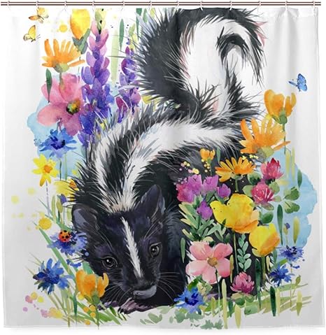 Amazon Kapanou防水 シャワーカーテン スカンクフォレスト動物夏の花水彩画 かわいいシャワーカーテン ユニットバス バスルーム 芸術の装飾 180cmx180cm バスフック付き 取り付け簡単 シャワーカーテン ホーム キッチン オンライン通販