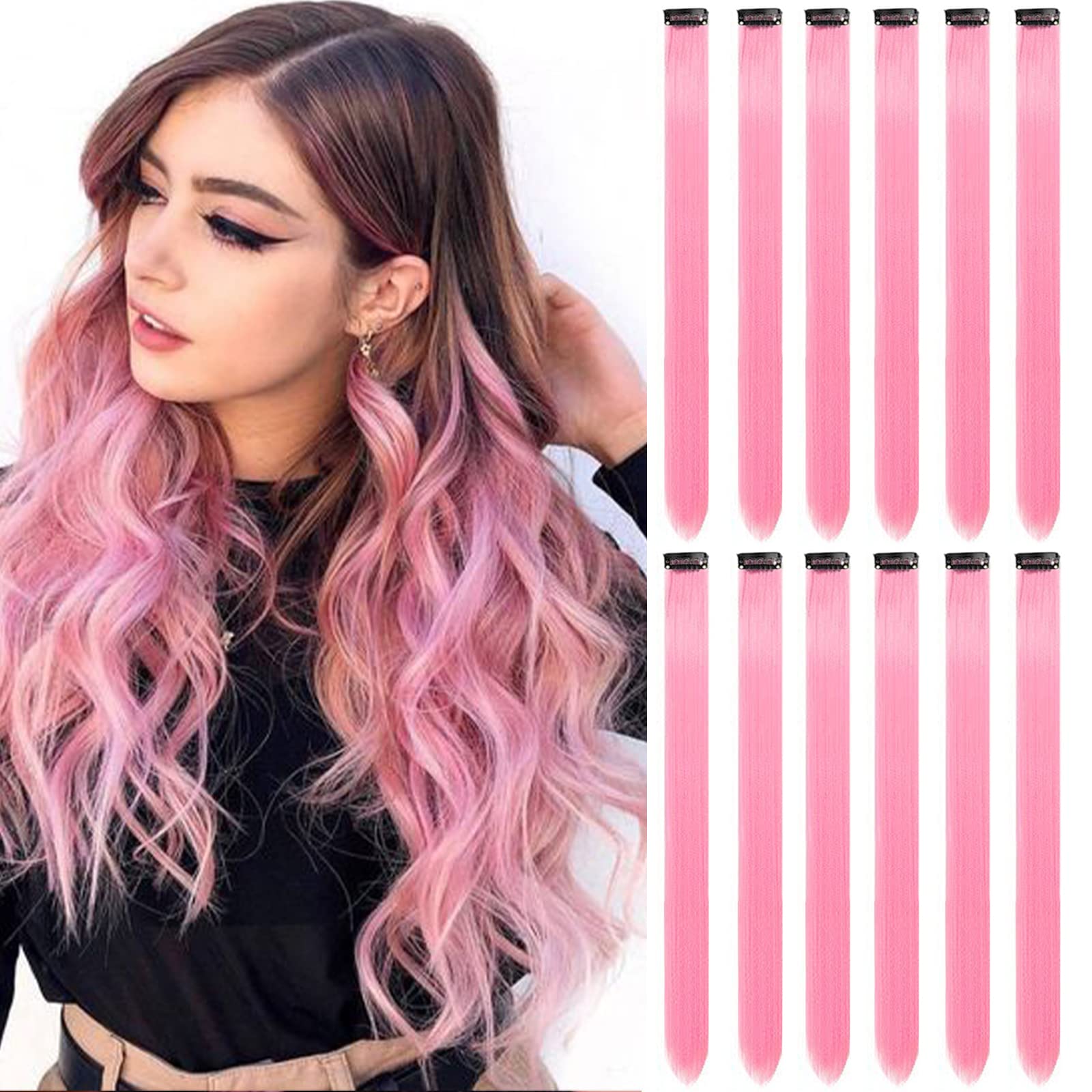 Photo 1 of 12 PCS Pink Hair Extensions Clip in, Colored Party Highlights Extension for Kids Girls Synthetic Hairpiece Straight 22 inch