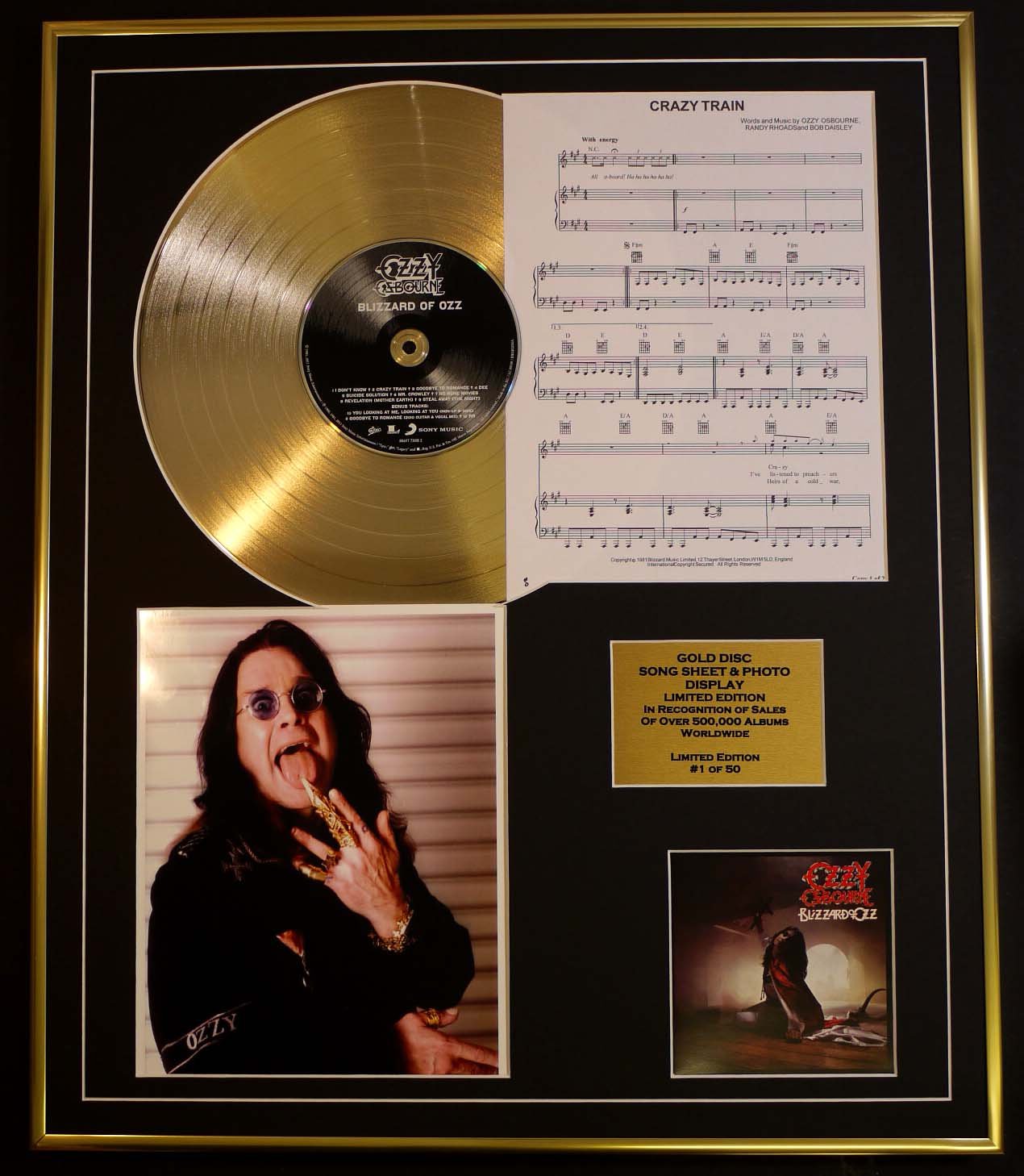 OZZY OSBOURNE/CD GOLD DISC, SONG SHEET & PHOTO DISPLAY/LTD. EDITION/COA/ALBUM, BLIZZARD OF OZ/SONG SHEET, CRAZY TRAIN