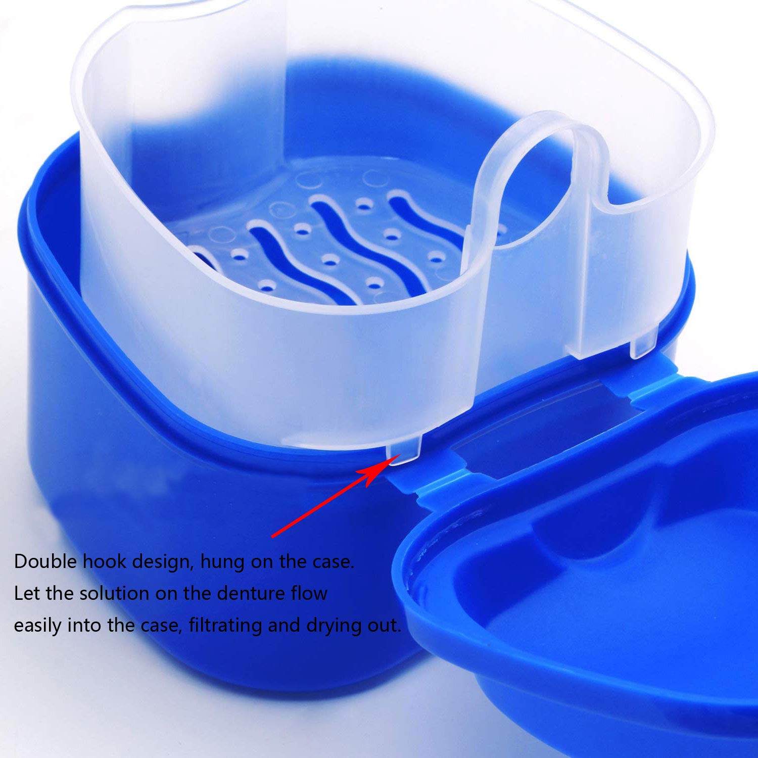 KISEER 2 Pack Denture Bath Case Cup Box Holder Storage Container with Denture Cleaner Brush Strainer Basket for Travel Cleaning (Light Blue and Blue) : Beauty