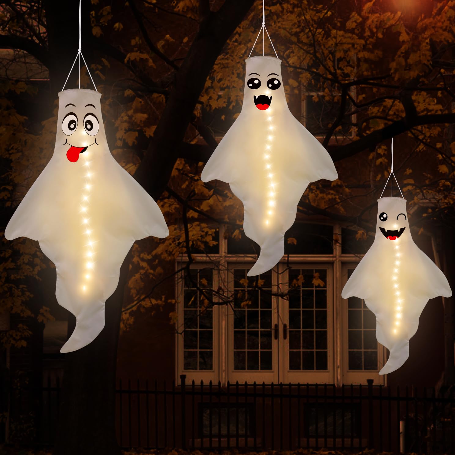 Photo 1 of 3PCS Halloween Decorations Outdoor LED Ghost Windsock Hanging Decor - Hallowmas Wind Sock Yard Tree Party Supplies?Not Included Batteries & No Timer?