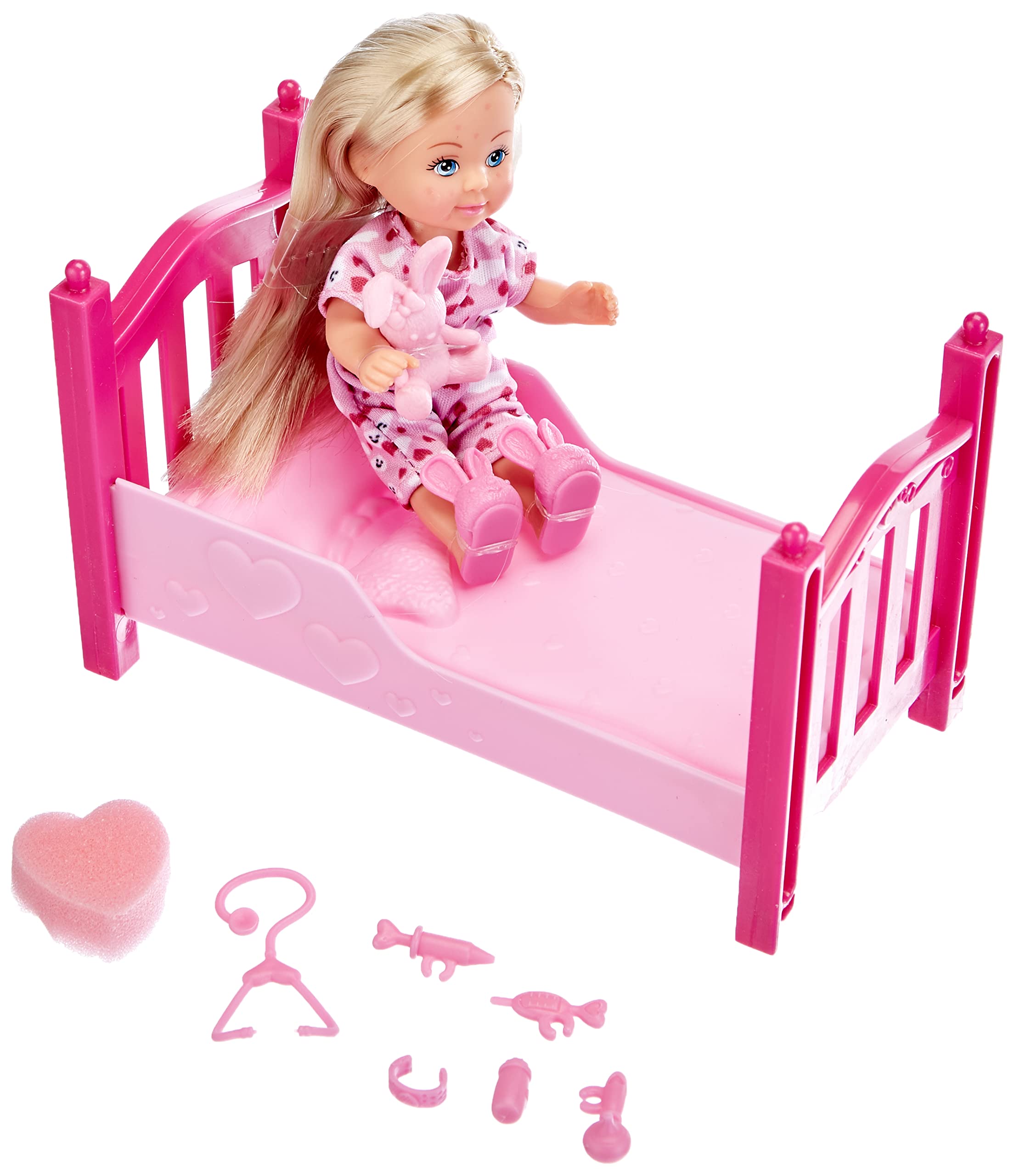 Evi LOVE Simba 105733407 Get Well Doll with Chickenpox, Colour Chickenpox, with Sponge for Healthy, with Bed, Dressing Doll, 12 cm, for Children from 3 Years