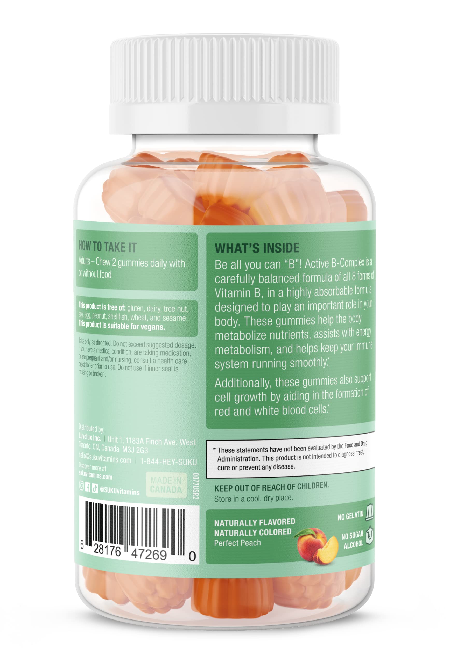 SUKU Vitamin B Complex Gummies with Vitamin C – Sugar Free Vegan 8 B Vitamins Complex Gummy Supplement Increases Cell Development, Improves Metabolism & Collagen Formation, Peach Flavour (50 Gummies)