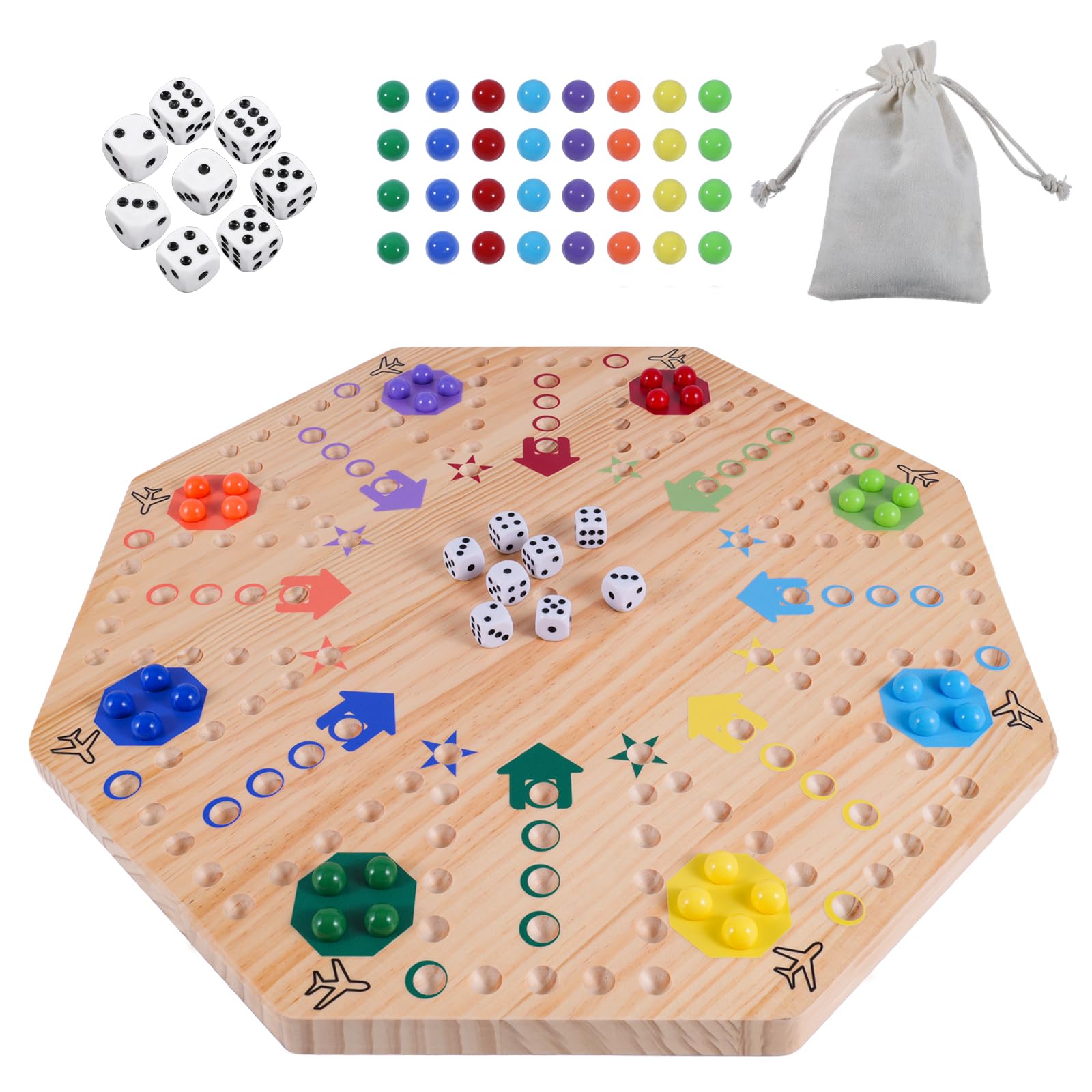 Original Marble Game Wahoo Board Game Double Sided Painted Wooden Fast Track Board Game for 8 Players 8 Colors 30 Marbles 8 Dice for Family Friends (8log)