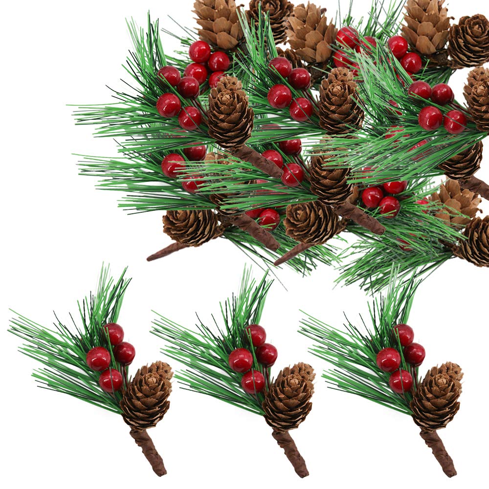 Lifreer 24Pcs Christmas Berries Pine Branches, Artificial Pine Picks Small Fake Berries Pines cones for Christmas Flower Arrangements Wreaths and Holiday Decorations