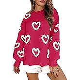 Saodimallsu Womens Heart Sweater Valentines Oversized Cute Winter Chunky Knit Crew Neck Side Slit Pullover Sweaters