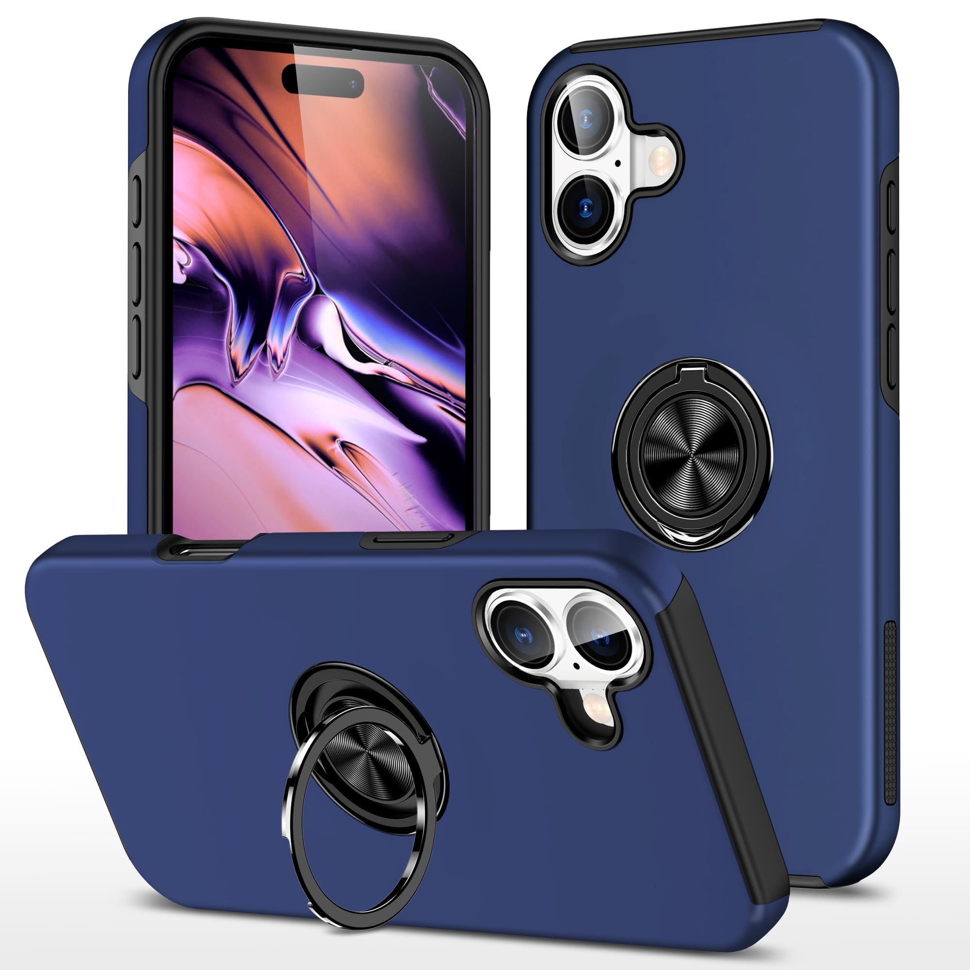 EYZUTAK Case for iPhone 16, 360 Degree Rotation Magnetic Metal Finger Ring Holder Magnet Car Holder Inner Silicone with Camera Protection Glossy Anti-drop Hard Cover - Blue