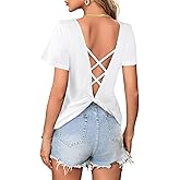 LilyCoco Womens Backless Top Open Back Twist Criss Cross Short Sleeve V Neck T Shirt