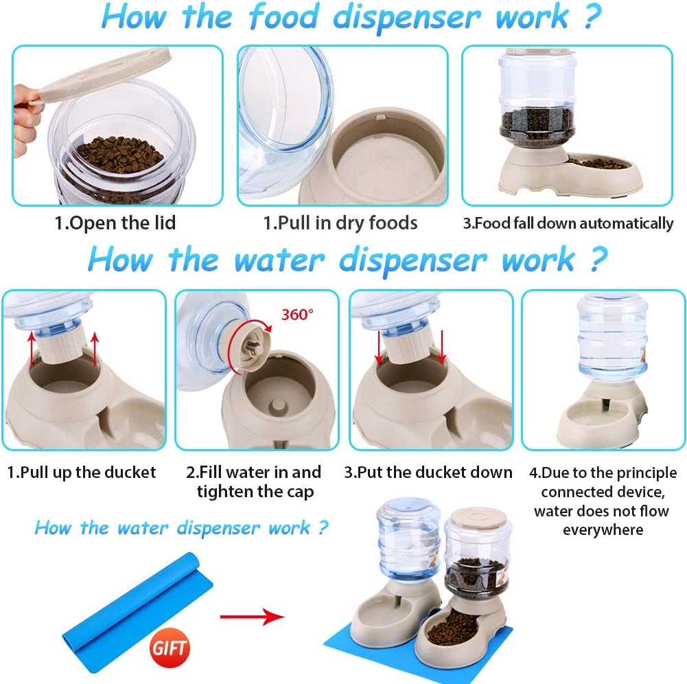 Automatic Cat Feeder and Water Dispenser in Set with Pet Food Mat for Small Medium Dog Pets Puppy Kitten Big Capacity 1 Gallon x 2 : Kitchen & Dining