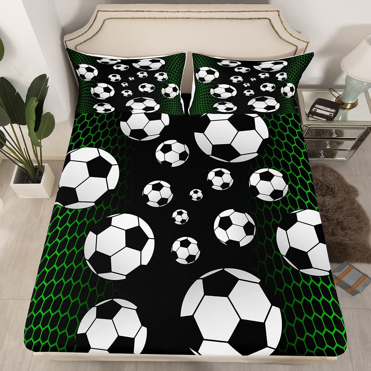Soccer Fitted Sheet Single Size, Football Sports Games Fashion Bedding Set 2pcs for Kids Boys Room Decor, Geometric Honeycomb Hexagon Bed Cover Green Neon Bed Sheet with 1 Pillowcase