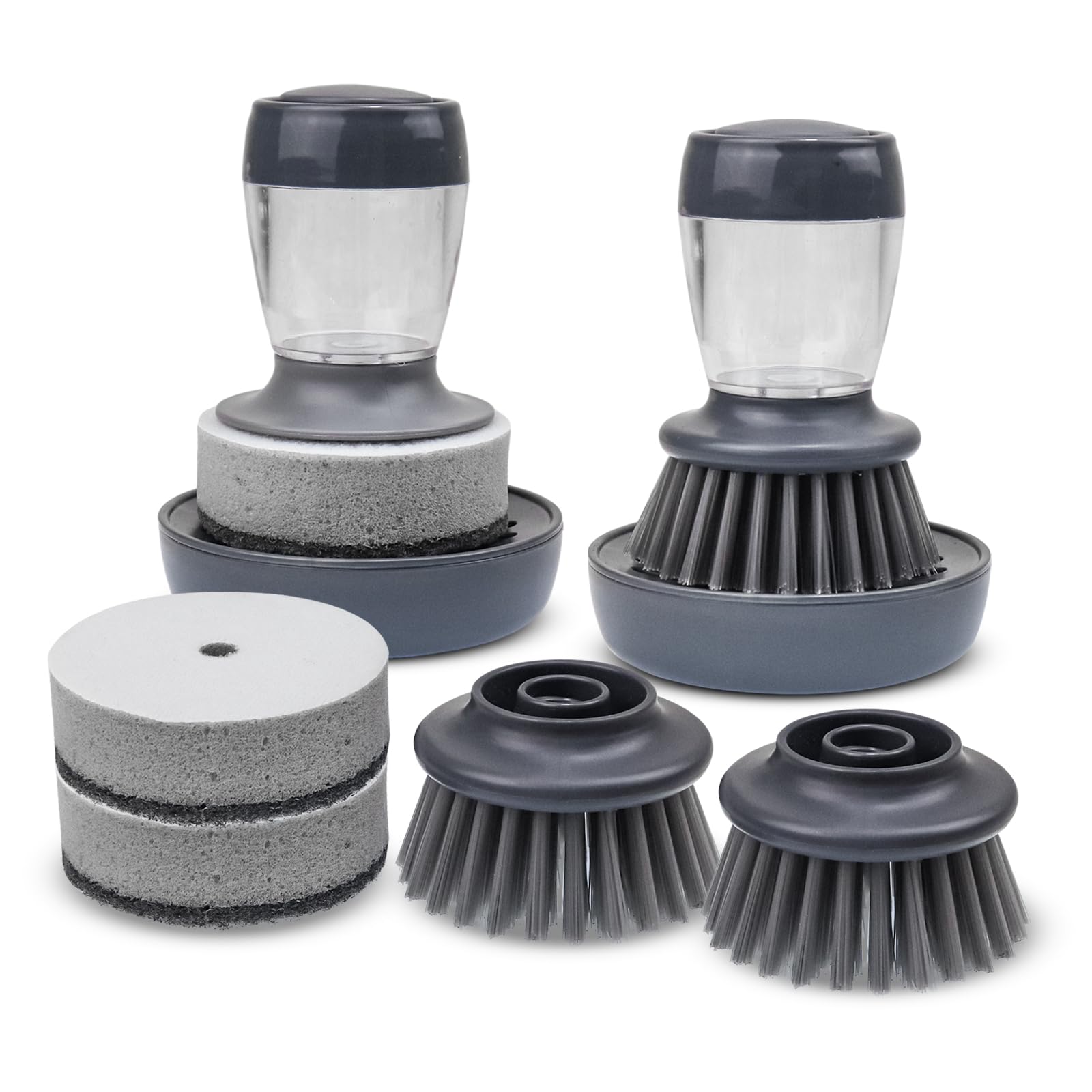 Dish Brush with Soap Dispenser, Dishwashing Heavy Duty Sponge Scrubber Refills Replacement Head, Kitchen Scouring Pad Wipes Scrub Cleaning Brush with Tray for Cleaning Sink, Pots, Pans Grey - 8 Pack