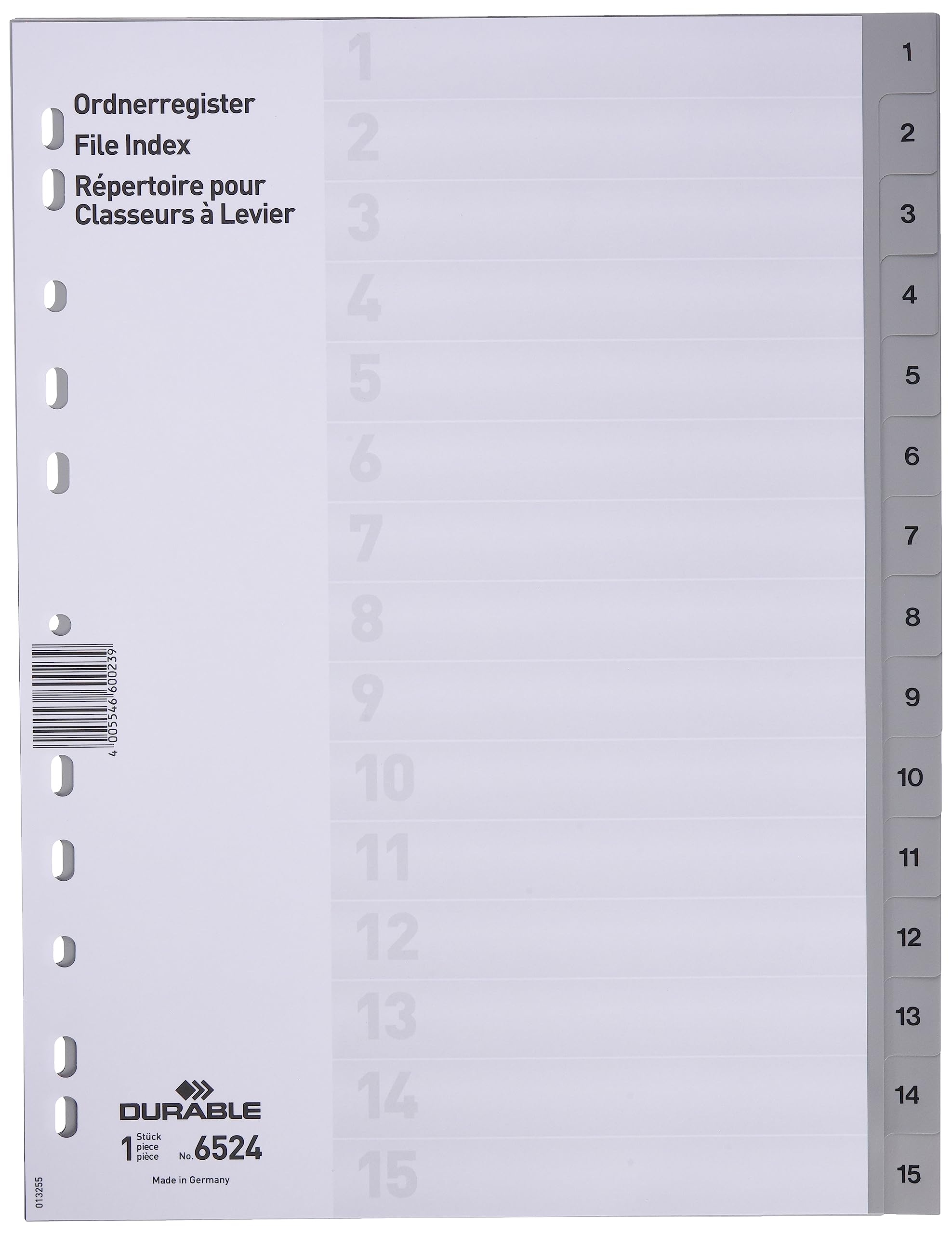 DURABLE Hunke &Jochheim Index Polypropylene 1–15, Grey, A4 215/230 x 297 MM, 15 Sheets