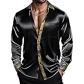 Barry.Wang Mens Satin Silk Shirts Long Sleeve Designer Dress Shirt Shiny Untucked Casual Button Down Shirt Party Disco Formal