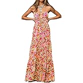 Womens Summer Floral Spaghetti Strap Backless Low Cut Smocked Milkmaid Flowy Beach Sundresses