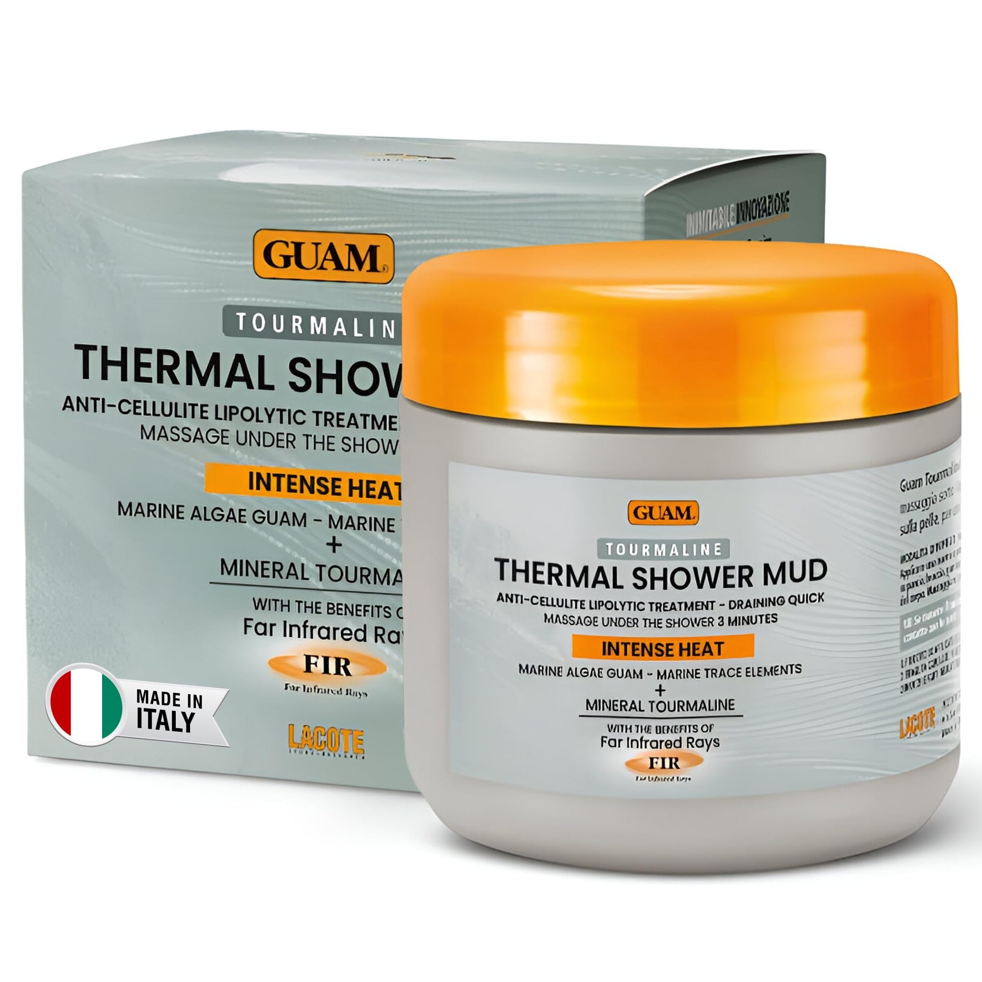 GUAM FIR Tourmaline Shower Mud Cellulite Remover – 3-Min Thermal Anti Cellulite Draining Treatment – 400ml Hot Cellulite Cream for Tummy, Legs & Buttocks – Seaweed Skin Firming, Tightening Body Mask