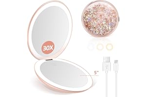 B Beauty Planet Magnifying Mirror with Light, Rechargeable Compact Mirror with 30X/1X Magnification, 2-Sided Brightness Adjustable Pocket Mirror with Light, 3 Color Small Mirror for Purses