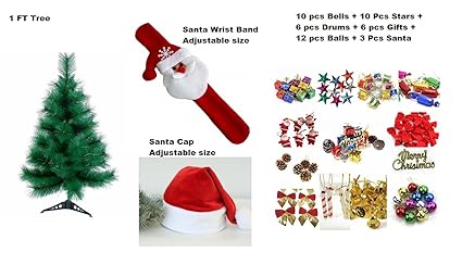 KRIWIN Christmas Combo of 1 FT Xmas Tree, 1 Santa Cap, 1 Santa Wrist Band and 47 pcs Decorations
