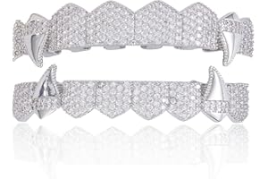 AINTTBY Grillz street Hip Hop personality Gold Shiny Copper gold-plated teeth Grillz Vampire fangs Grills Daily wear Halloween and Party Unisex - Comes With Tweezer & Dental Wax (8001Silver)