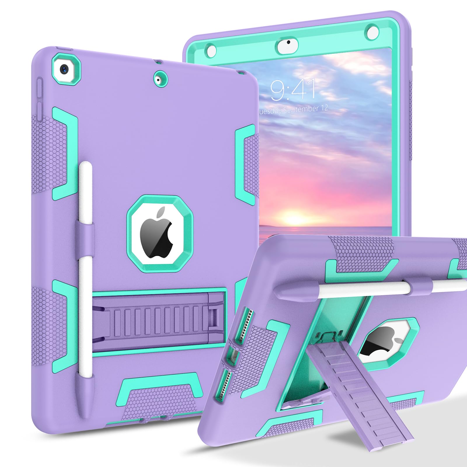BENTOBEN for iPad 9th/8th/7th Generation Case, iPad 10.2 inch 2021/2020/2019 Case Kids, 3 in 1 Heavy Duty Rugged Shockproof Protective Cover with Kickstand Pencil Holder, Purple/Green