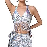Giovacker Womens Sparkly Sequin Fringe Crop Tops Metallic Holographic Halter Camis Tops Latin Belly Dance Rave Party Clubwear