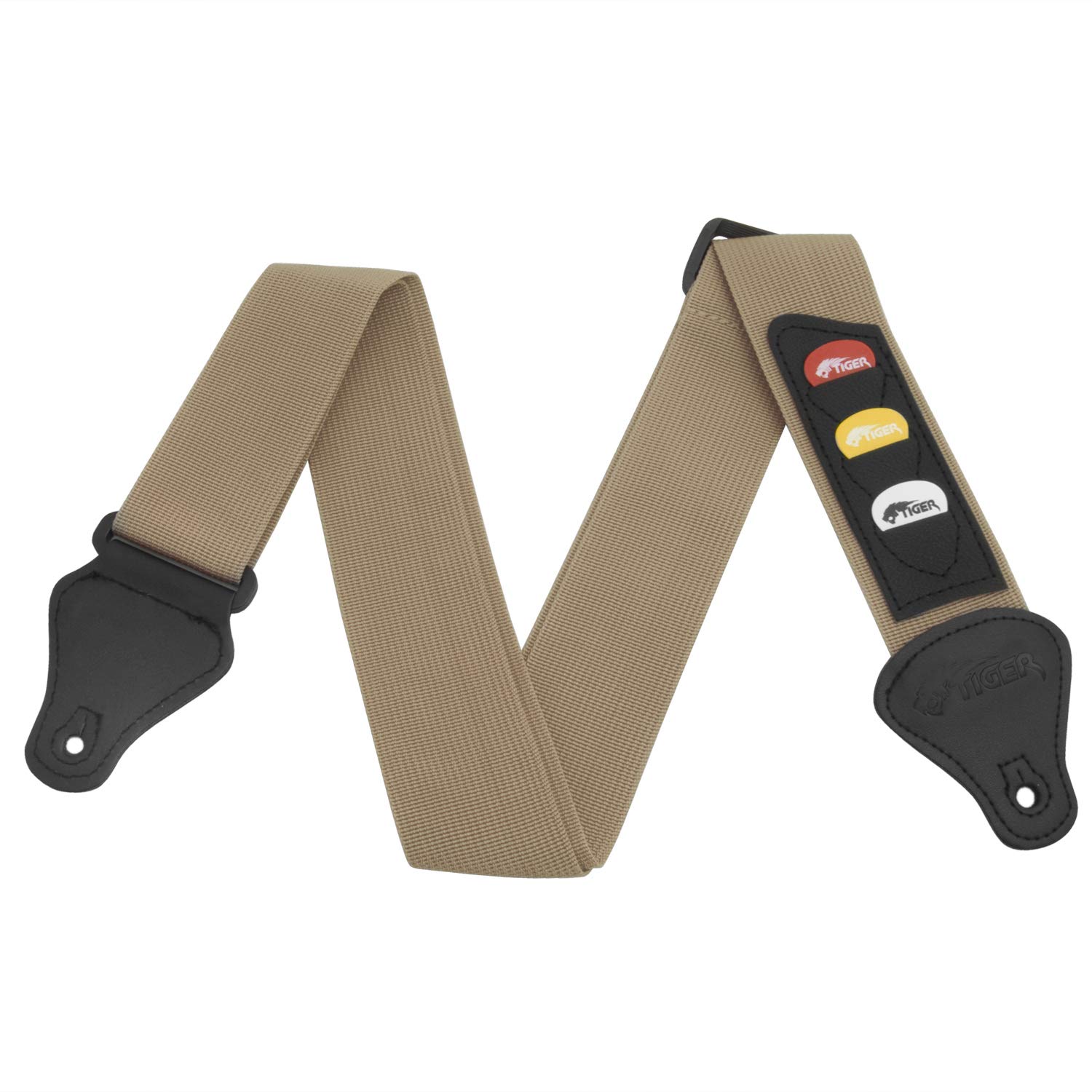 Tiger STP5-TW Guitar Strap with Pick Holders and Picks - for Classical, Electric, Bass and Acoustic Guitars - Beige