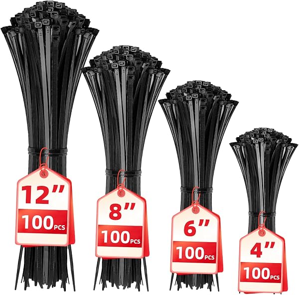 Cable Zip Ties,400 Pack Black Assorted Sizes 12+8+6+4 Inch,Multi-Purpose Self-Locking Nylon Cable Cord Management,Plastic Wir