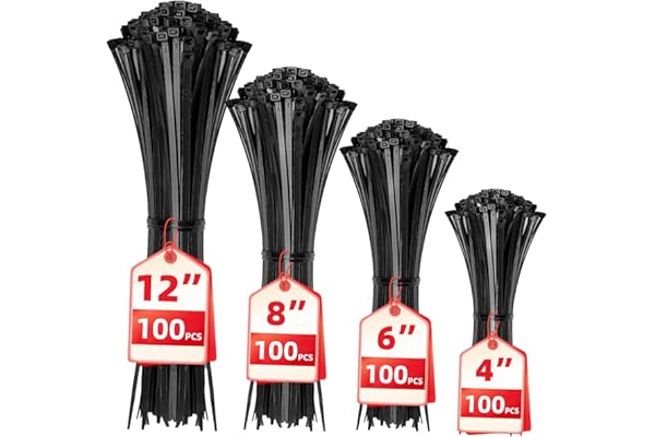 Cable Zip Ties,400 Pack Black Assorted Sizes 12+8+6+4 Inch,Multi-Purpose Self-Locking Nylon Cable Cord Management,Plastic Wir