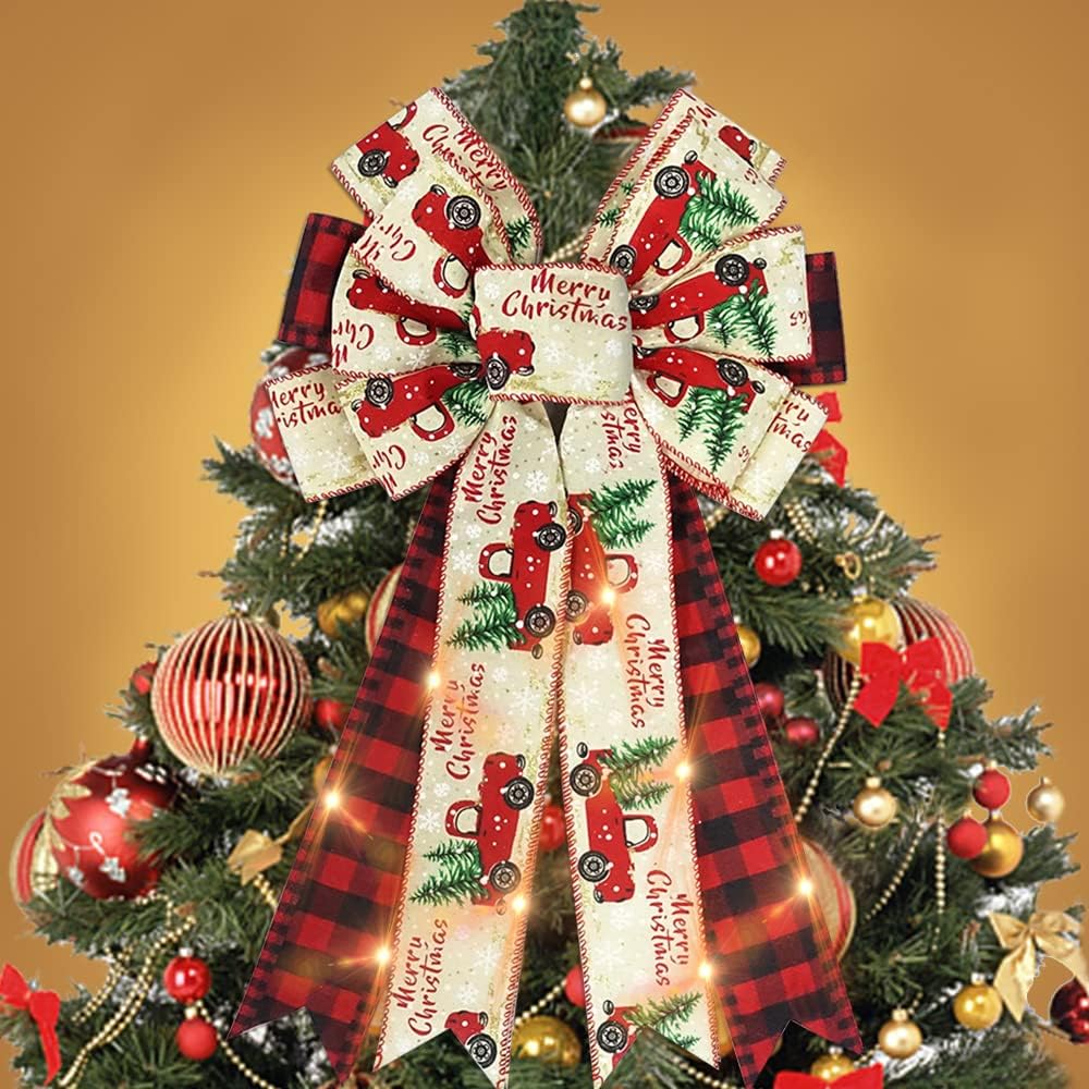 Bows & Ribbons - ABTOLS Large LED Christmas Wreath Bows, LED Light Christmas Bows for Wreath Red Black Buffalo Plaid Wreath Bows Christmas Truck Bows for Front Door Red Christmas Tree Bows for Indoor Outdoor Decor