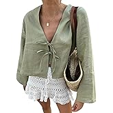 Bow Tie Front Tops for Women V Neck Linen Lace Up Shirts Casual Long Flare Sleeve Blouese Summer Going Out Tops