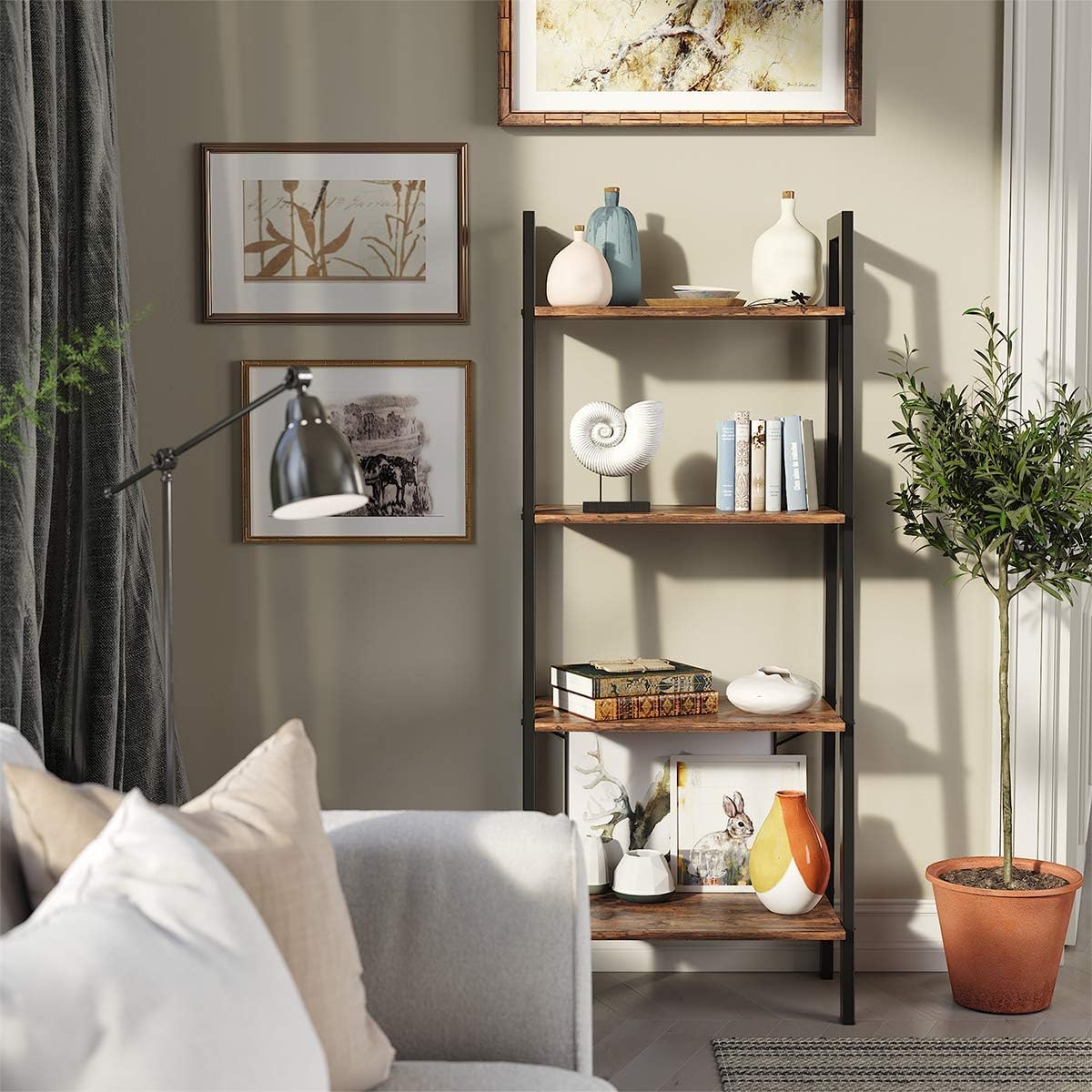 VASAGLE ALINRU Ladder Shelf, 4-Tier Bookshelf, Storage Rack Shelves, Bathroom, Living Room, Industrial Accent Furniture, Steel Frame, Rustic Brown and Black ULLS44X: Home & Kitchen
