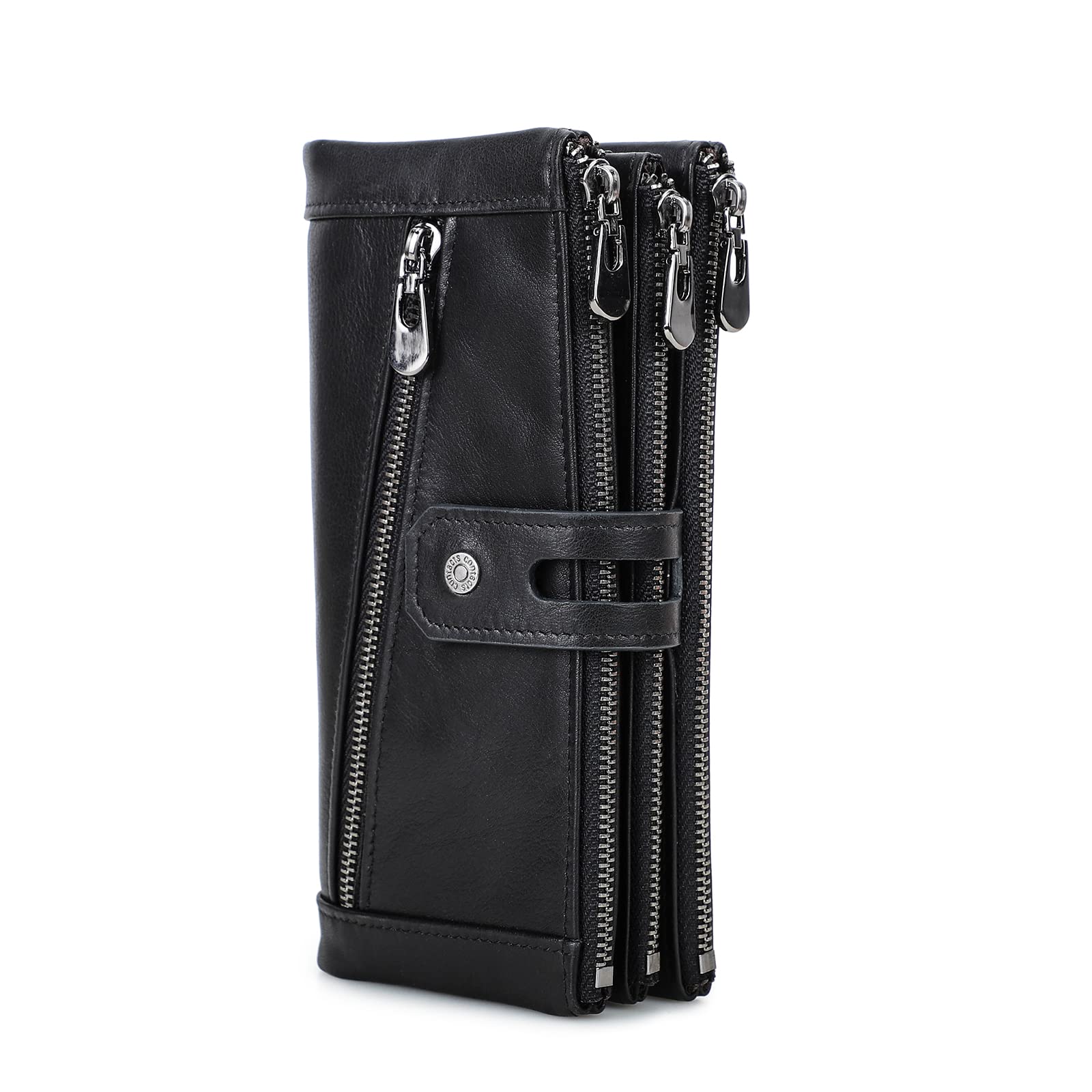 CONTACTS RFID Mens/Womens Zipper Wallet,Large Capacity Card Coin Holder Phone Holder Wallet Multifunction Clutch,3 Zip Purse Genuine Leather (Black)
