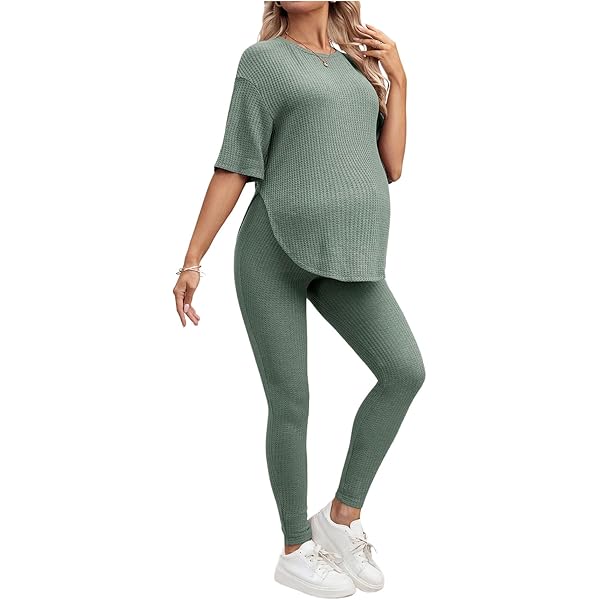 thumbnail image 2 of SweatyRocks Women's 2 Piece Maternity Outfit - Ribbed Long Sleeve Top And Pants Pregnancy Set 2 of 12