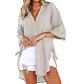 Bozanly Casual V Neck 3/4 Sleeve Button Down Shirts High Low Oversized Summer Beach Blouse Tops for Women