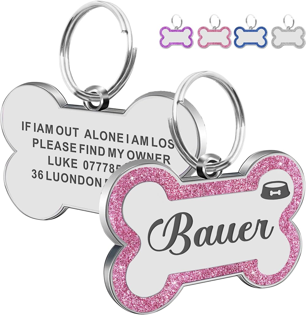 EDSG Personalised Dog Tag Pink Glitter Bone Stainless Steel 33x21mm S