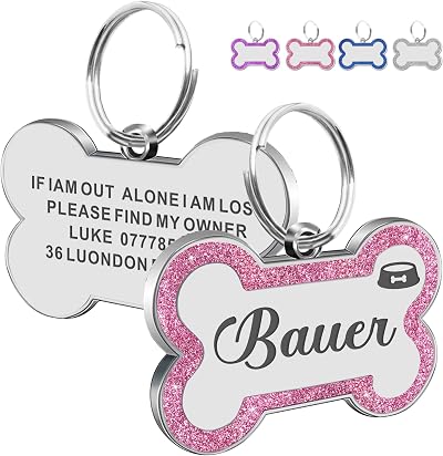 EDSG Personalised Dog Tag Pink Glitter Bone Stainless Steel 33x21mm S