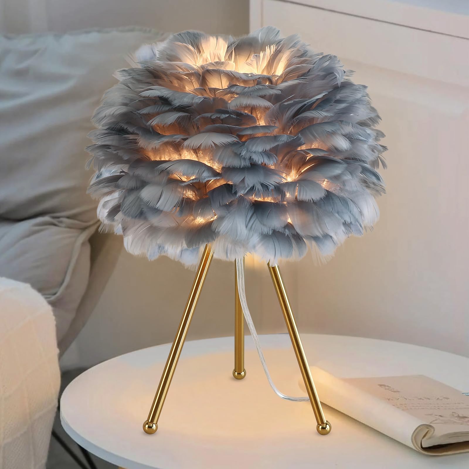 Photo 1 of Capslpad 15.3" Feather Tripod Table Lamp - Grey Modern Desk Lamp With Gold Finish for Living Room, Kids, Bedroom, Nursery, Girls Decor - Small Bedside Nightstand Lamp