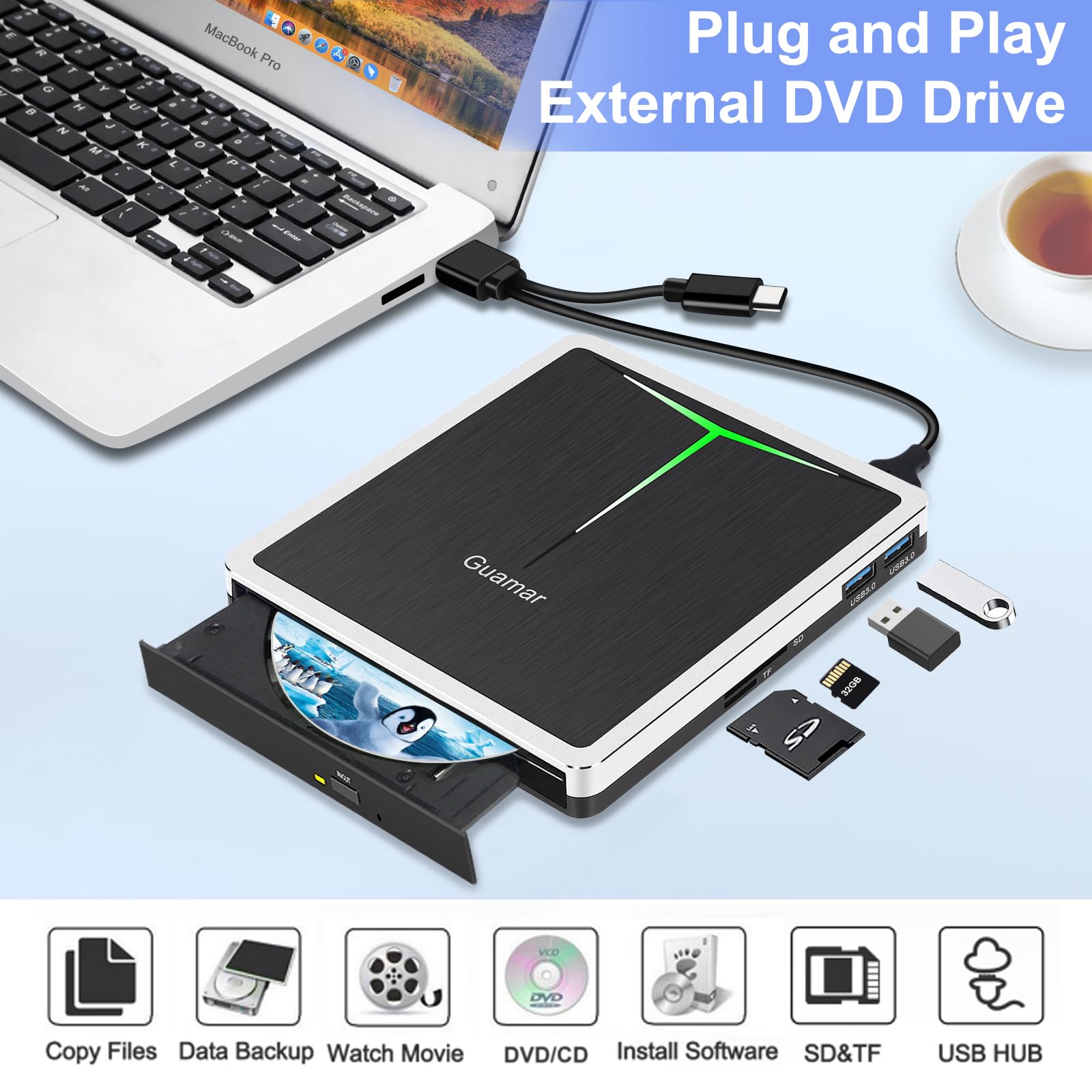 Guamar External DVD Drive for PC: USB-C CD Burner Player for Laptop Mac Windows 11 with SD/TF Slot/2 USB Ports/Carrying Case Read Write Music/Movie/Photo Portable Plug & Play
