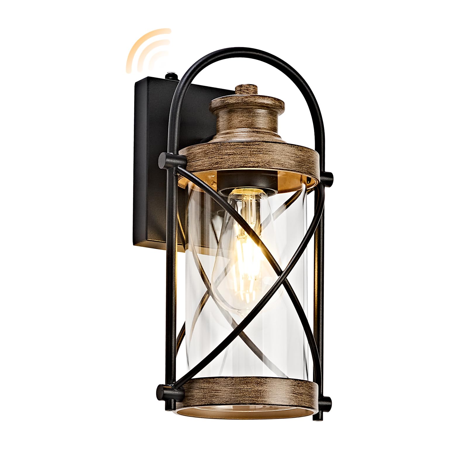Photo 1 of OKELI Dusk to Dawn Outdoor Wall Lights Fixtures, Waterproof Exterior Lighting Fixtures with Photocell Sensor,Vintage Faux Wood Grain Metal Cage Lantern Outside Lights for Porch Patio House Garage