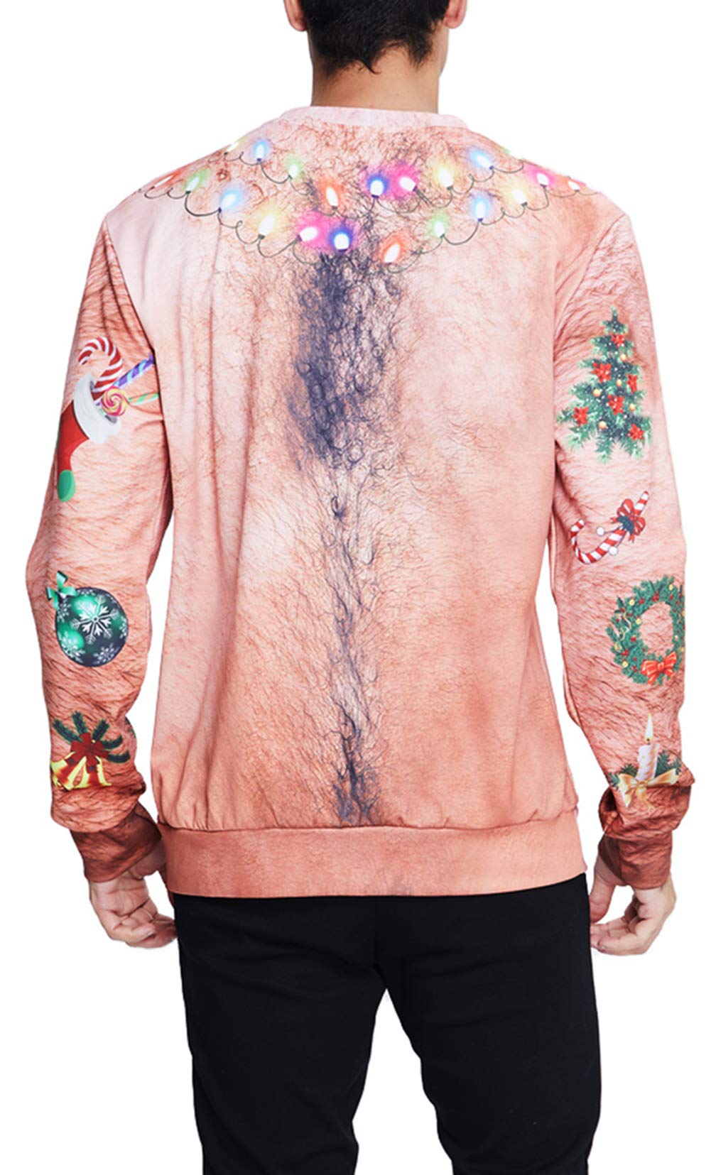 Goodstworld Funny Christmas Hairy Chest Sweater Cool Brown Novelty 3D Xmas Light Necklace Print Pullover Sweater Shirts Blouse Ugly Graphic Xmas Sweatshirts for Xmas Party Large