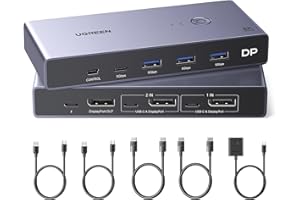 UGREEN 8K Displayport KVM Switch 2 in 1 Out DP1.4 with 4 USB 3.0 Ports(3 USB-A + 1 USB-C) Support 8K@60Hz 4K@240Hz Share 1 Mo