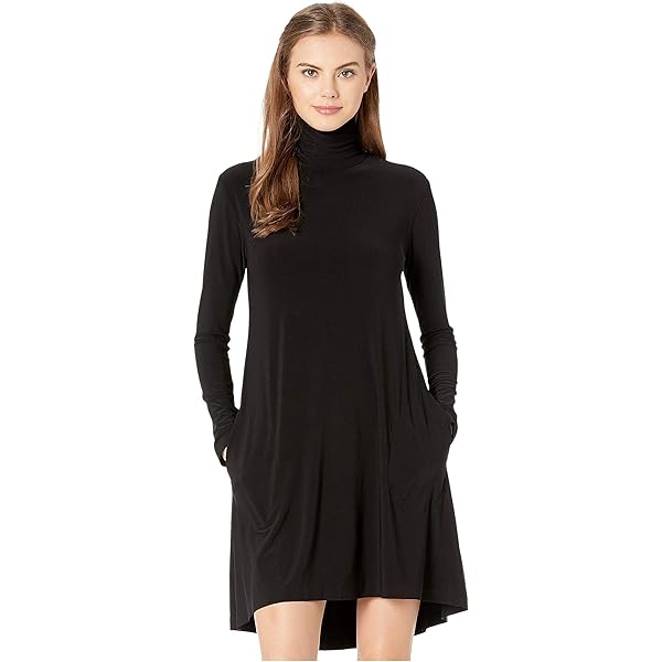 Norma Kamali Women's Long Sleeve Turtle Long Swing Dress, BLACK