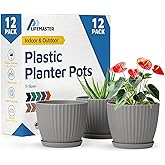 Gray 6-Inch Plant Pots with Drainage & Saucers 12 Pack, Indoor & Outdoor Planters for Houseplants, Herbs, and Flowers, Durabl