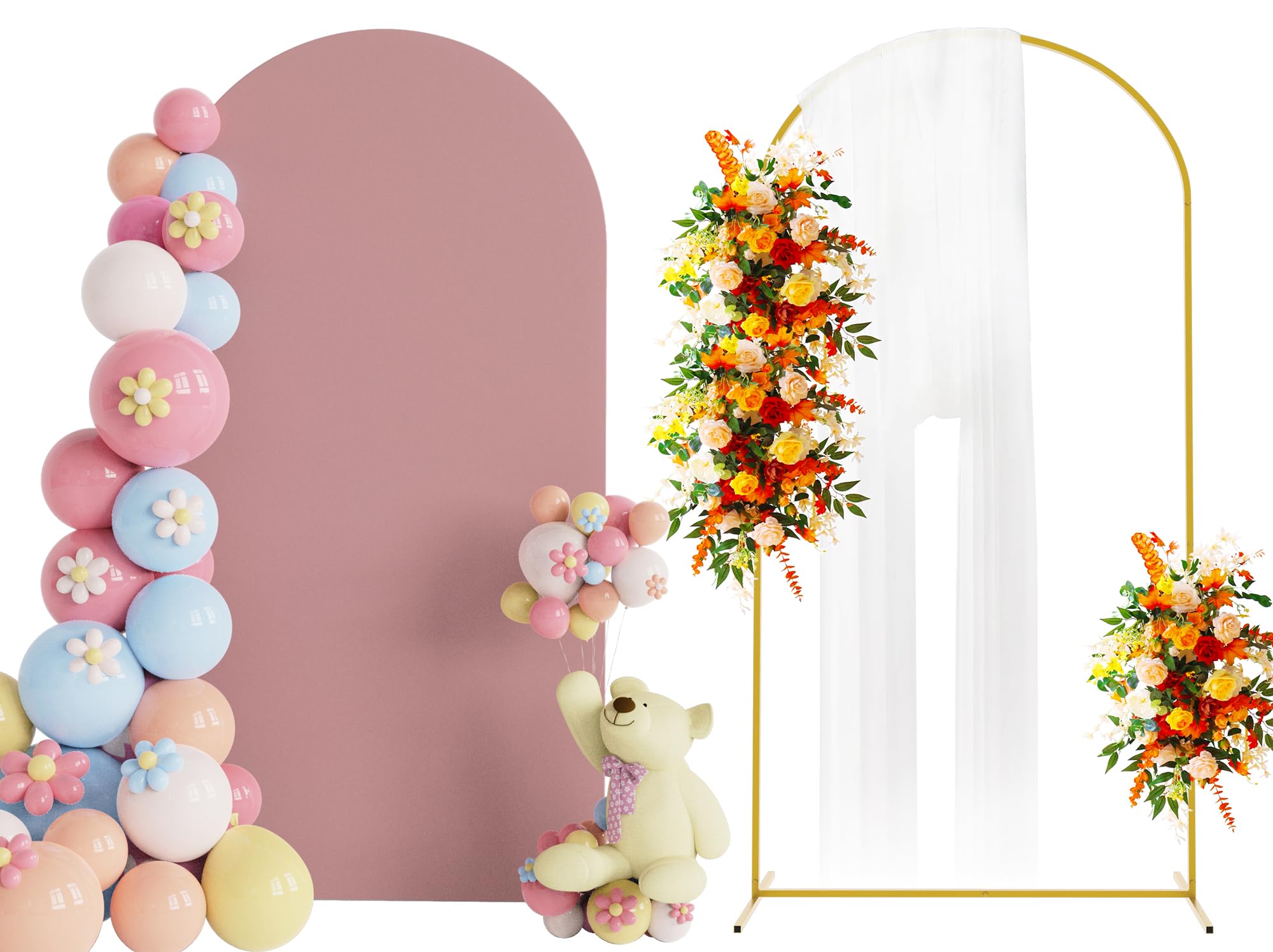 Photo 1 of Putros 6.6ft Metal Arch Stand with Cover Light Dusty Rose Spandex Fitted Wedding Arch Cover and Round Top Chiara Backdrop Stand Set for Birthday Party Baby Shower Decoration